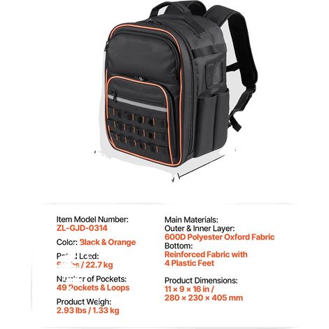 Sac à dos à outils, 49 poches, tissu Oxford durable, 10-12inch (1/2)