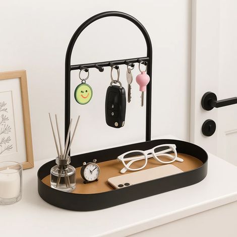 M.J COMFY-LIFE Metal Key Holder Stand & Jewelry Tray with Acrylic Base, Entryway Valet Tray and Ring Holder with 5 Hooks, Key Stand and Jewelry Dish for Hallway, Bedroom, or Office (Matte Black) (1/5)
