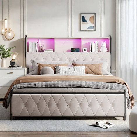 Lit Adult 180 x 200 avec 4 Tiroirs, Lit Double Rembourré avec Ports USB et Éclairage LED, Tete de Lit avec Rangement, Lits 2 Personnes avec Sommier à Lattes, Velours, Beige (1/5)