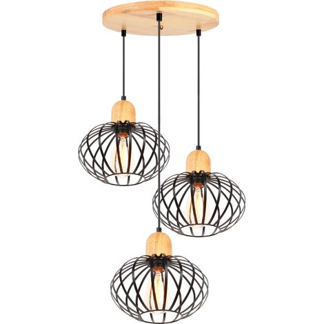 Suspension Luminaire 3 Lampes Industrielle Lustre Vintage Industrielle Design Plafonnier Abat-jour E27 Lampe de Plafond Noir Forme pastèque en Fer et Bois Ø220mm pour Salon Chambre Cuisine (1/5)