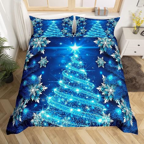 Fille Arbre de Noël Bleu Thème de Noël Housse de couette Doux Chic Hiver Flocon de Neige Fille Chambre Fille Lit Housse de Couette 230x220cm (1/5)