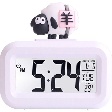 Simpatico orologio elettronico con display a LED, sveglia elettronica da tavolo, dati, ora, calendario, temperatura, orologio, pecora bianca -Crezuo