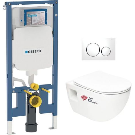 Pack bati-support Geberit + WC sans bride Swiss Aqua Technologies + abattant SoftClose + plaque chrome (SLIM-Project-C)