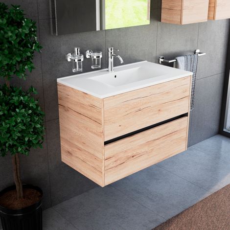 Inda - Badezimmerschrank 80 cm breiter Diamante Sanremo Eichen-mit 2 Schubladen und Keramikwaschbecken (1/4)