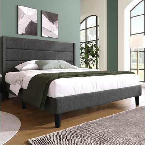 Lit rembourré moderne 140x200 cm avec tête de lit à panneaux, sommier à lattes et revêtement aspect lin gris foncé (1/5)