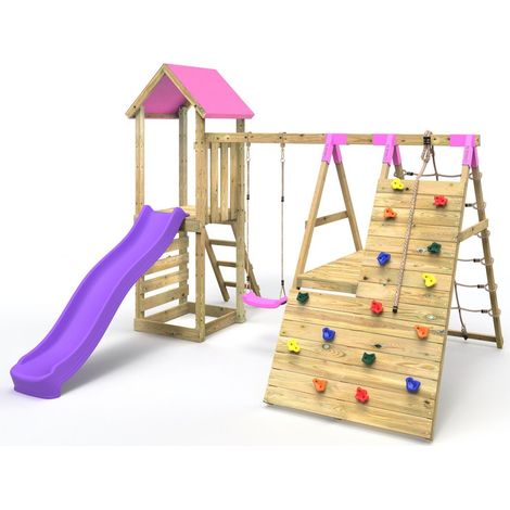 Rebo Wooden Climbing Frame with Swings, 6+8FT Slides & Climbing Wall - Alverstone Pink