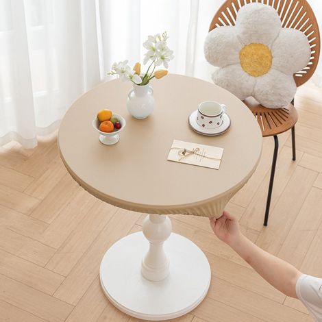 Nappe ronde extensible et élastique en cuir avec protection antidérapante et anti poussière diamètre 120 cm couleur marron clair (1/4)