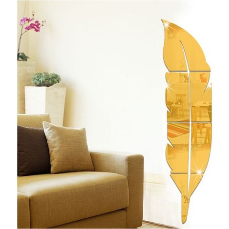 Miroir acrylique 3D - Décoration murale - En forme de plume - Décoration murale autocollante - Décoration d'intérieur pour salon,chambre,salle de bain,ferme (73×18cm,plume d'or) (1/5)