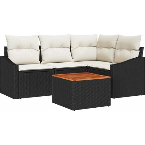 Garden Sofa Set with Storage 5 pcs Black and Cream Poly Rattan vidaXL