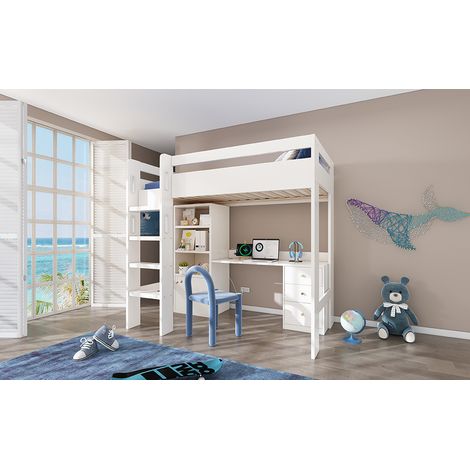 Lit mezzanine enfant avec bureau USB-C, armoire et meuble de classement, lit junior simple avec escalier et sommier à lattes, rangement, 90×200, sans matelas (1/5)