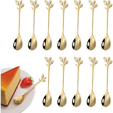 12 pièces de cuillère à café en feuille d'acier inoxydable,mini cuillère à café cuillère à dessert design branche,utilisé pour l'eau thé lait café dessert boisson ustensiles milkshake mélangé (or)-Fei (1/5)