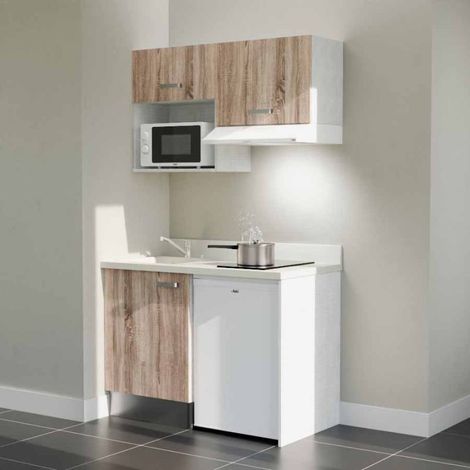 Kitchenette K02L - 120 cm - plan monobloc évier intégré Snova- évier à gauche - Façades Bois + Electroménager inclus coloris Blanc