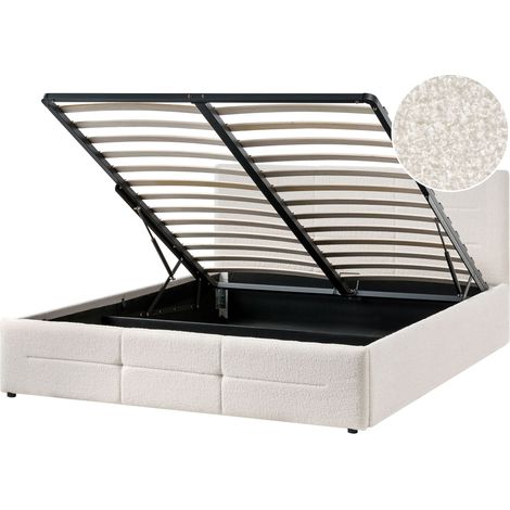 Letto ottomano scandinavo moderno base a doghe con contenitore sollevabile Boucle bianco sporco 160x200 cm Massognes (1/5)
