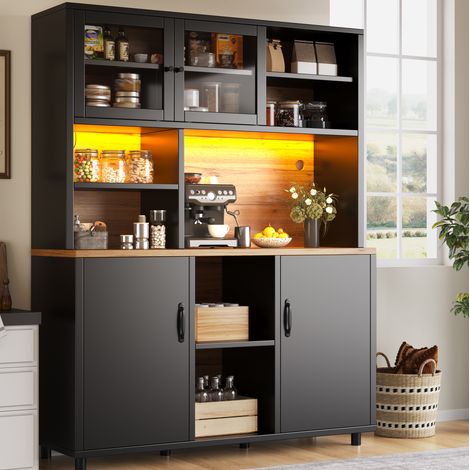 REDOM - Armoire de cuisine 140x40x185 cm, éclairage LED contrôlé par application, étagères réglables, portes coulissantes en verre, MDF noir (1/5)