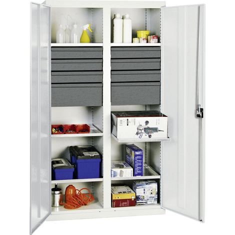 Armoire à outils et matériaux Stumpf Série 3000 gris clair + 6 tiroirs 100 mm + 2 tiroirs 200 mm + cloison centrale + 6 étagères coulissantes - 3004707