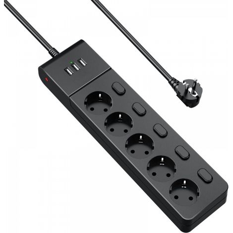 Multiprise avec Interrupteurs individuels (16A/4000W), Multiprises Parafoudre avec 5 Prises et 3 USB-A,2M Rallonge Multiprise USB pour Maison Bureau Noir (1/5)