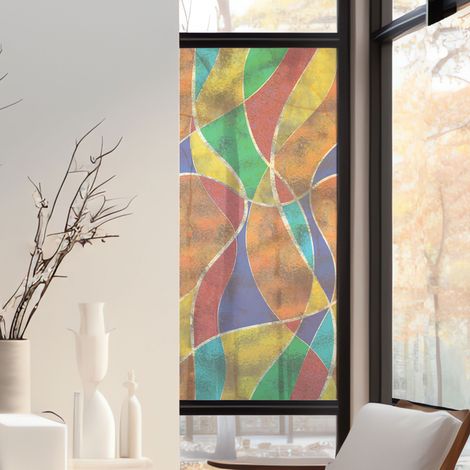 Stickers décoratifs électrostatique, rubans, multicolore, géométrique, raccordable, effet vitrail, 150 cm X 67,5 cm (1/2)