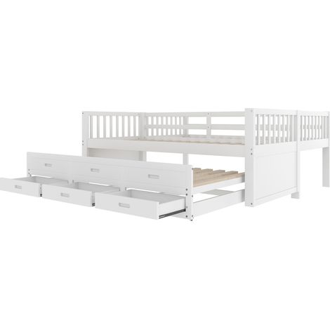 Kinder-Hochbett 90 x 200 cm aus Kiefernholz und MDF mit Ausziehbett und 3 Schubladen weiß (1/5)