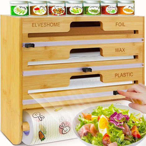 5-in-1 Folie and Plastic Wrap Organizer with Cup, Food Wrap Dispenser with Paper Towel Holder, Wall-Mounted Aluminum Foil Dispenser
