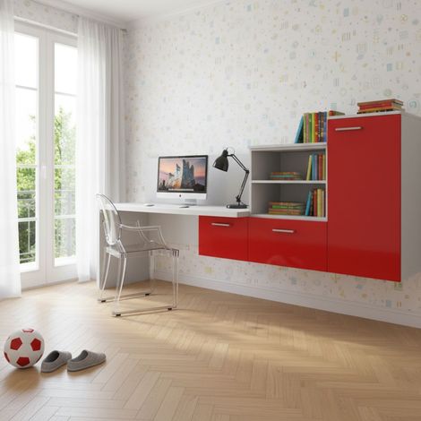 Angolo studio con scrivania parzialmente sospesa e libreria - Design moderno e personalizzabile - Bianco e Rosso