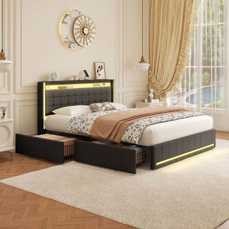 Bett 140x200 cm grau mit LED, USB/Type-C-Anschlüssen, 4 Schubladen und Lattenrost