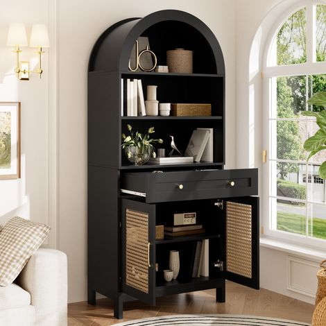 Vitrine Moderne Incurvée 170cm, Portes Rotin, 3 Compartiments, 2 Portes, 1 Tiroir, Bois, Noir, 70x40x170cm (1/4)
