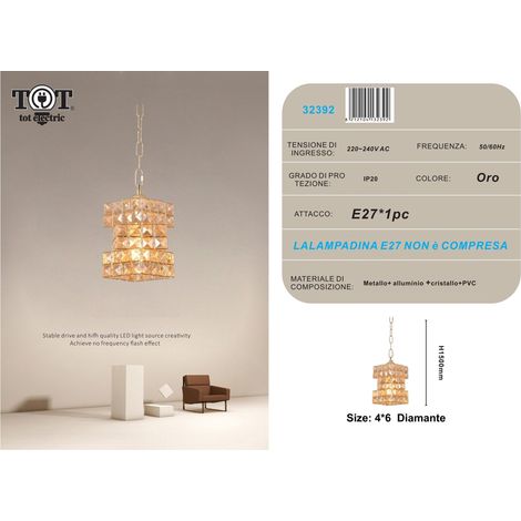 Lampadario sospeso rettangolare intrecciato con cristalli lampada luce led attacco E27 oro argento per camera cucina soggiorno Oro