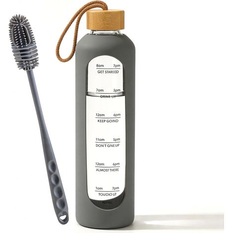 1L Glass Water Bottle with Shatterproof Silicone Cover with Time Markers Water Bottle Leak-Proof Bamboo Lid Portable Cleaning Brush (1/5)