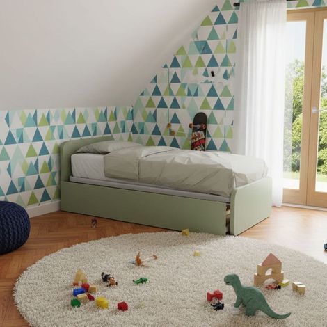 Letto singolo con letto estraibile, trasformabile in matrimoniale. Testate personalizzabili, reti in acciaio e doghe in faggio - Salvia