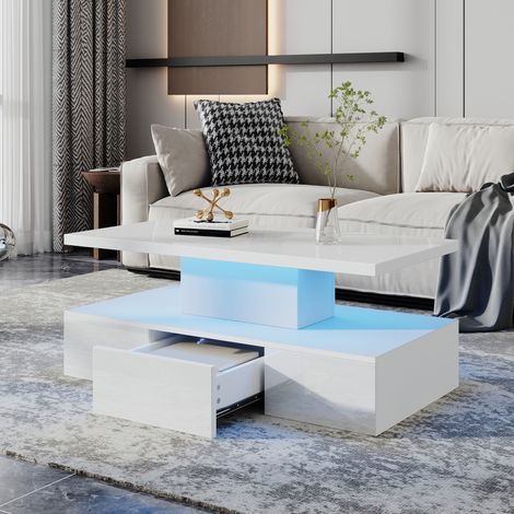 Mesa de centro 100x50x39 cm blanca en tablero de partículas con LED, alto brillo, estante abierto y 1 cajón (1/5)