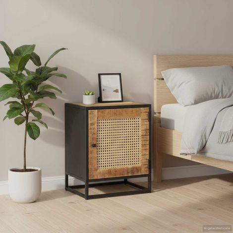 vidaXL Mesita de noche madera de mango rugosa caña natural 40x30x50cm (1/5)