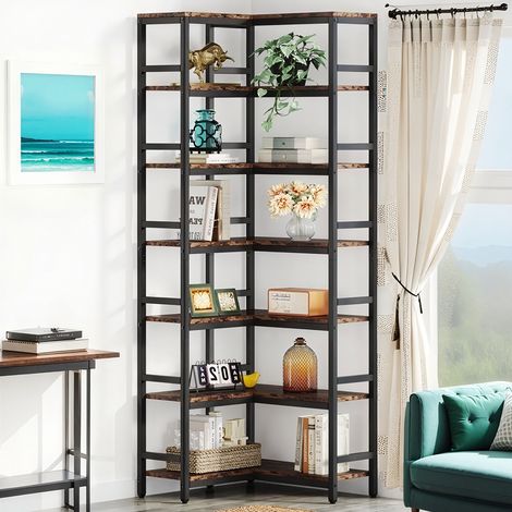Étagère d'angle de 200cm pouces de hauteur, bibliothèque d'angle industrielle à 7 niveaux, étagères de rangement, brun rustique
