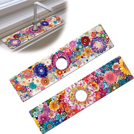 2 Pièces Tapis Absorbant Robinet, Protection Éclaboussures Évier Cuisine, Tapis Robinet Anti-Éclaboussures pour Cuisine et Salle de Bain, 38 x 10 cm Motif Fleur A3 (1/5)