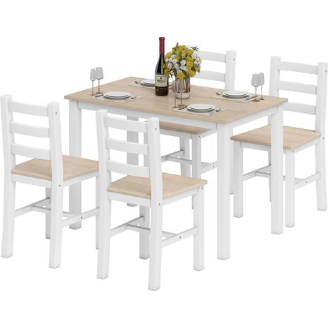 Ensemble repas 4 personnes table et chaises bois massif style campagne naturel blanc (1/4)
