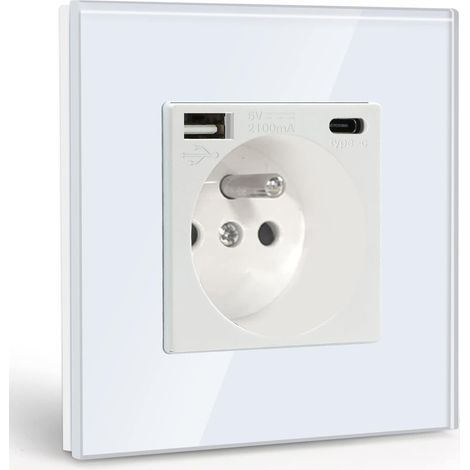 Prise Murale avec USB et 1 Type C,16A Prise de Courant Alternatif avec Panneau en Verre,Multiprise Murale Max 2.1A,Convient au Smartphone, à la Tablette (Blanc) (1/5)
