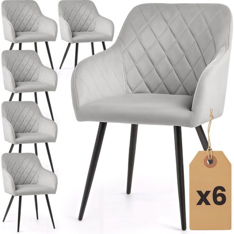 Lot de 6 Chaises en velours matelassées en losanges VELTO Gris pieds noirs (1/5)