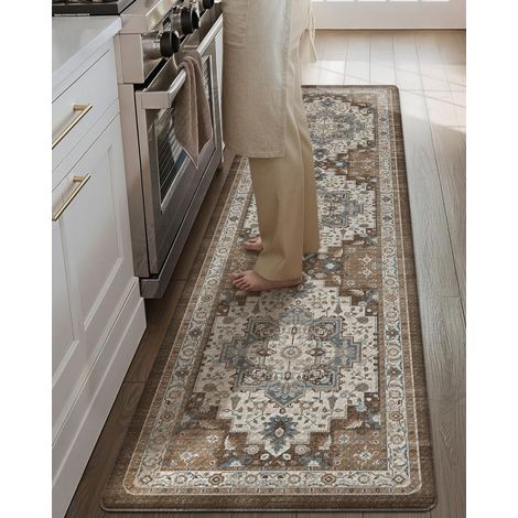 1 Tapis De Sol Antidérapant Imperméable Mousse 10mm Style Vintage Pour Cuisine Couloir Buanderie 60x220cm Marron (1/5)
