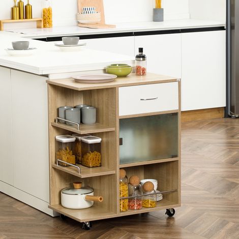 Carrito de cocina moderno con cajón, estantes y armario, isla de cocina para almacenamiento de alimentos en madera, acero y vidrio, 65x39x80cm