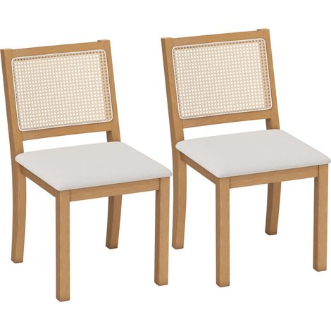 Lot de 2 chaises de salle à manger, chaises de cuisine avec assise rembourrée, dossier effet rotin, crème et chêne (1/5)
