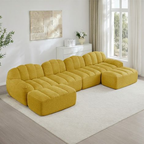 Canapé Modulaire en U 4 Places avec 2 Poufs, Design Coquille, Mousse 32D Haute Densité, Assise Profonde, Tissu Doux, Salon, Jaune (1/5)