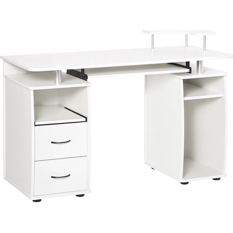 Bureau blanc avec étagères et 2 tiroirs, plateau pour clavier et écran, 120x55x85 cm, espace travail fonctionnel