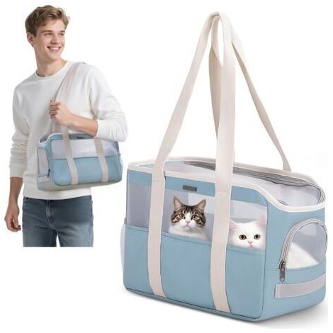 BUNTHAUS Sac de Transport Souple pour Petits Chiens et Chats, Sac Pliable et Respirant avec Laisse de Sécurité, Sac de Transport Léger pour Voyage Extérieur Camper (Bleu Ciel)