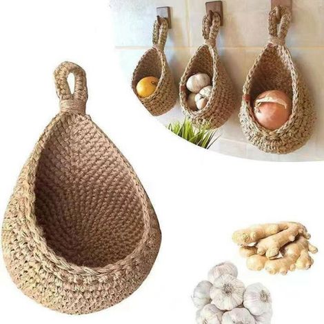 Panier Fruits - Panier Legumes - Suspendu Mur - Forme Goutte Eau - Jute Naturel - 23 cm x 22 cm - 1 piece (1/4)