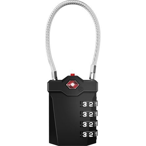 Gepäckschloss, 4-stellige TSA-Kombination mit Öffnungsalarm, Kabelschloss für Spinde im Fitnessstudio (1 Stück, schwarz) (1/5)