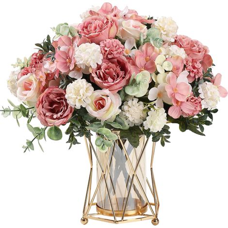 Lot de 4 Bouquets Fleur Artificielle, Faux Soie Bouquet de Fleurs Fausse Hortensia Roses Pivoine pour Fête de Mariage, Centre de Table, Décoration D'intérieur (Rose) (1/5)