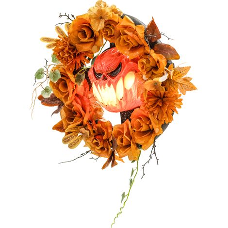 Couronne d'Halloween design citrouille effrayante, feuilles d'automne, effets lumineux, plastique (1/5)