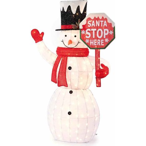 Pupazzo di neve luminoso con luci LED e cartello Santa Stop Here per interno ed esterno 150 cm (1/4)