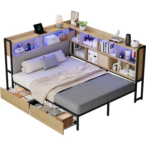 Lit banquette moderne 140x200 cm en MDF et métal coloris naturel, tête de lit rembourrée, 2 tiroirs, LED, USB/Type-C