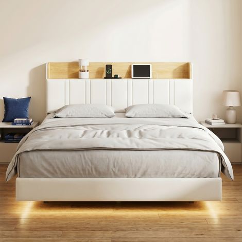 Lit adulte 160x200 cm, lit double flottant avec éclairage LED et prises de charge, tête de lit rembourrée et sommier, style Moderne, Blanc (1/5)