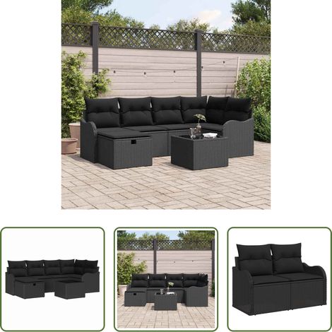 vidaXL Canapé poly rotin - Ensemble de canapé de jardin avec coussin 7 pcs Noir Poly rotin (1/5)